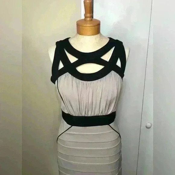 Jax Women’s Elegant Sleeveless Fitted Evening Cocktail Taupe Black Dress Size 8 - Picture 2 of 12